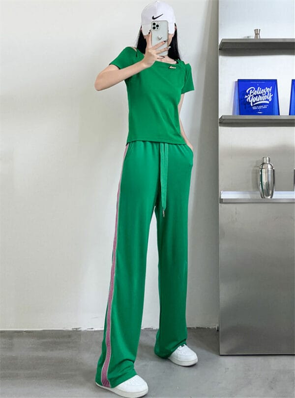 Summer New Off Shoulder T-shirt with Wide-leg Straight Pants 1