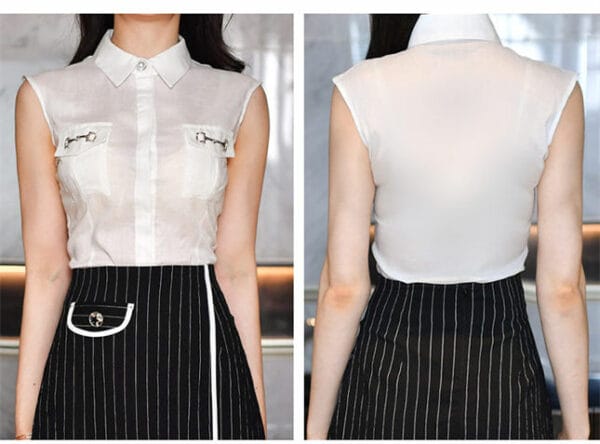 Summer New Shirt Collar Tank Blouse with Stripes A-line Skirt 6