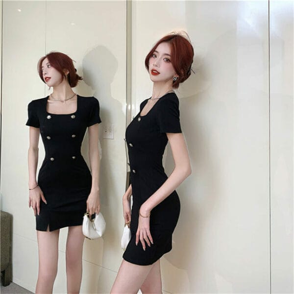 Summer New Square Collar Double-breasted Slim Dress 4