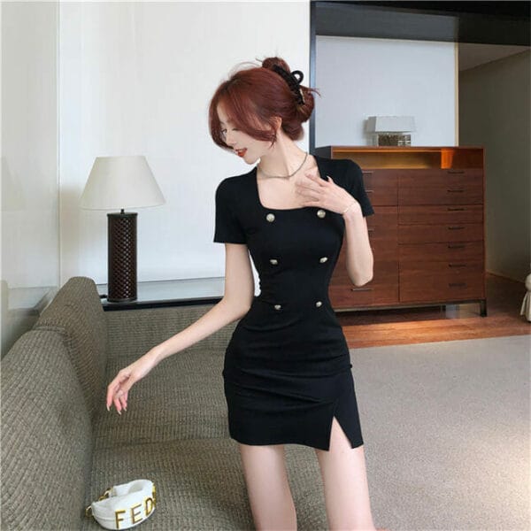 Summer New Square Collar Double-breasted Slim Dress 3