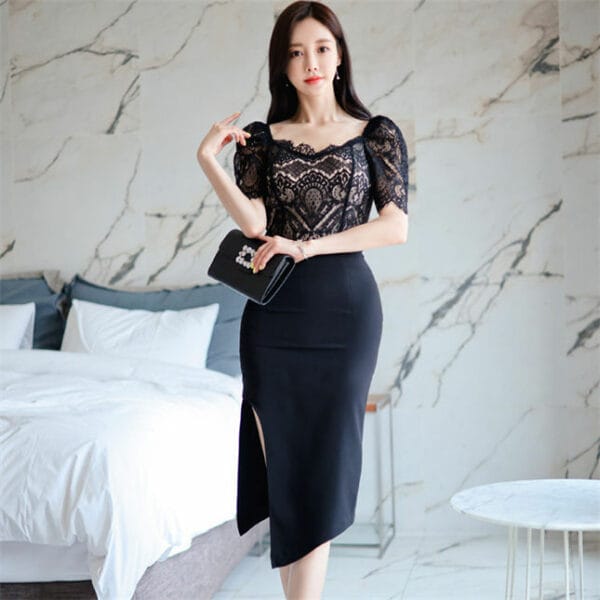 Summer New Square Collar Lace Blouse with Split Midi Skirt 2