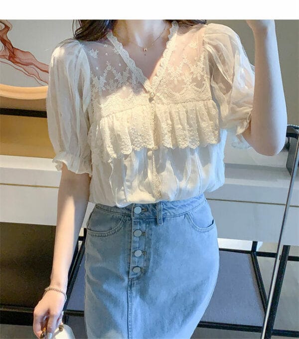Summer New V-neck Flouncing Lace Flowers Blouse 4