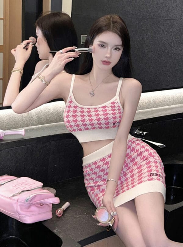 Summer Sexy 2 Colors Houndstooth Slim Knitting Dress Set 5