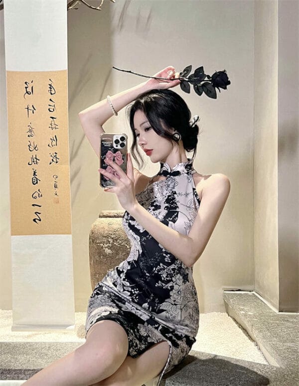 Summer Wholesale Off Shoulder Ink Flowers Cheongsam Dress 3