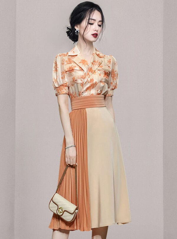 Tailored Collar Flowers Blouse with Color Block Pleated Skirt 3