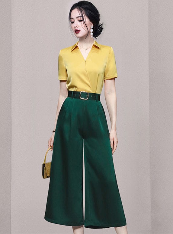 Vogue Lady Shirt Collar Blouse with High Waist Wide-leg Pants 1
