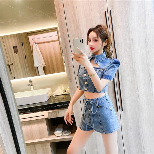 Vogue Lady Shirt Collar Single-breasted Denim Short Suits 4