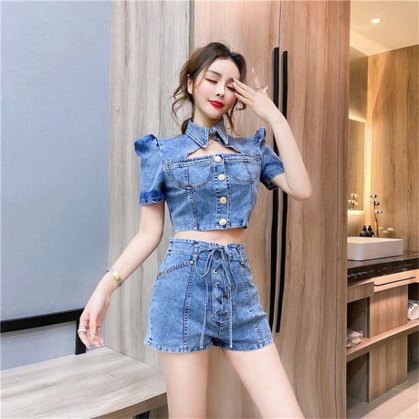 Vogue Lady Shirt Collar Single-breasted Denim Short Suits 2