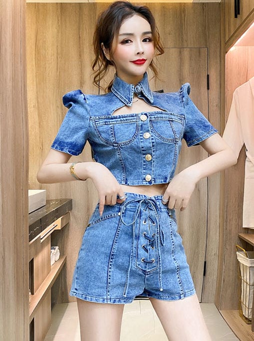 Vogue Lady Shirt Collar Single-breasted Denim Short Suits 1