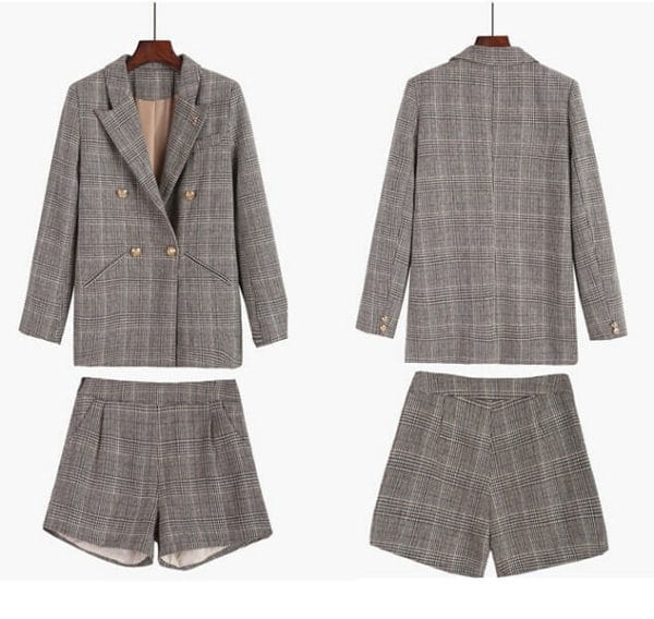 Vogue Lady Tailored Collar Double-breasted Plaids Short Suits 6