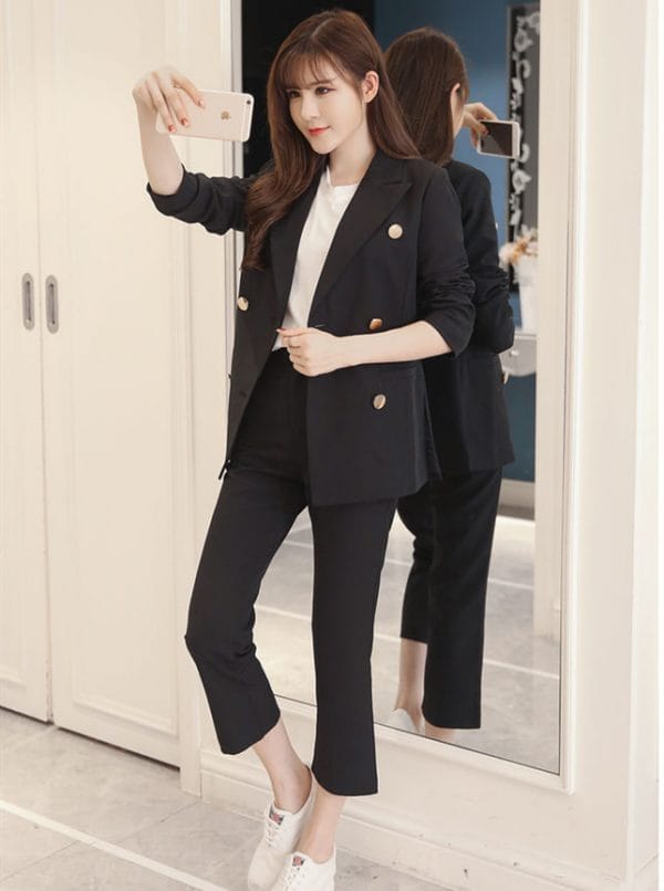Vogue Lady Tailored Collar Double-breasted Slim Long Suits 3