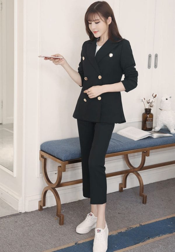 Vogue Lady Tailored Collar Double-breasted Slim Long Suits 2