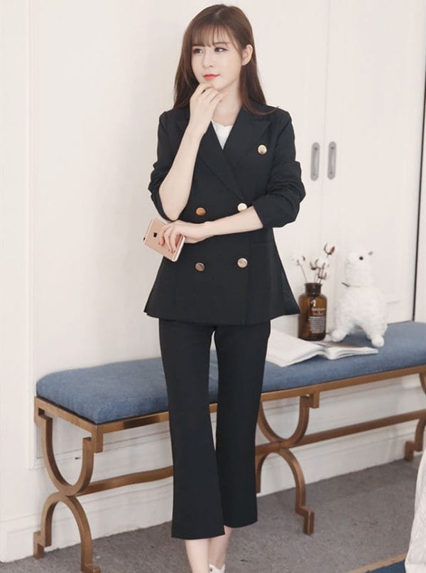 Vogue Lady Tailored Collar Double-breasted Slim Long Suits 1