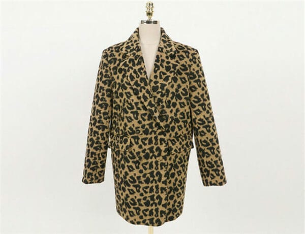 Vogue Lady Tailored Collar Woolen Leopard Long Coat with Skirt 5