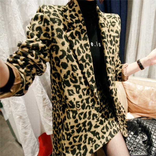 Vogue Lady Tailored Collar Woolen Leopard Long Coat with Skirt 3