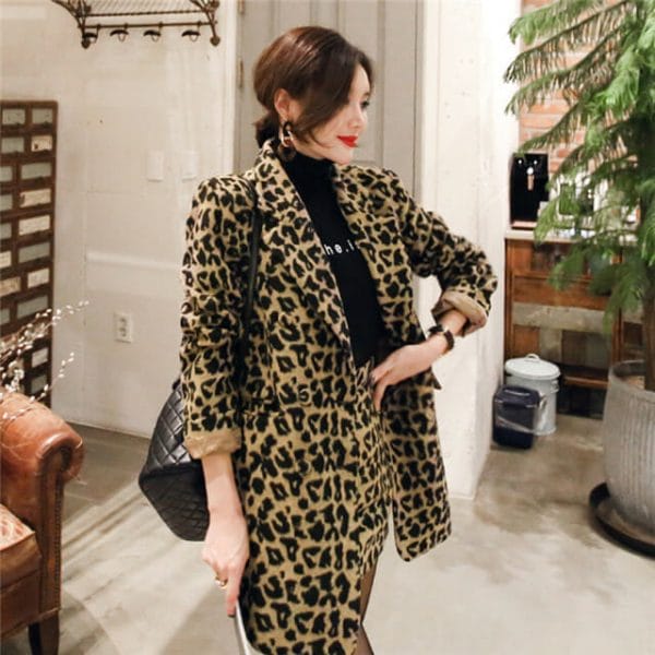 Vogue Lady Tailored Collar Woolen Leopard Long Coat with Skirt 2