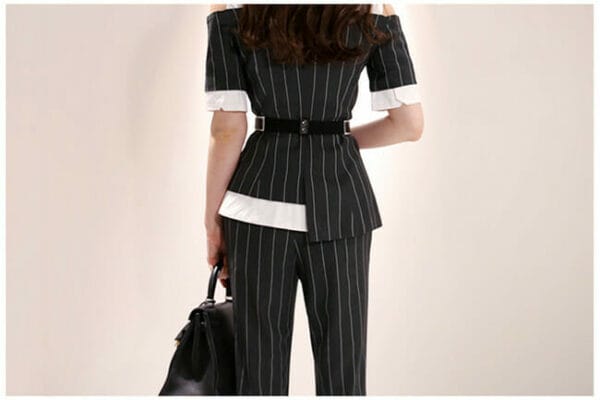 Vogue New Off Shoulder Stripes Slim Tailored Long Suits 6