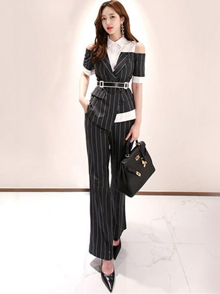 Vogue New Off Shoulder Stripes Slim Tailored Long Suits 1