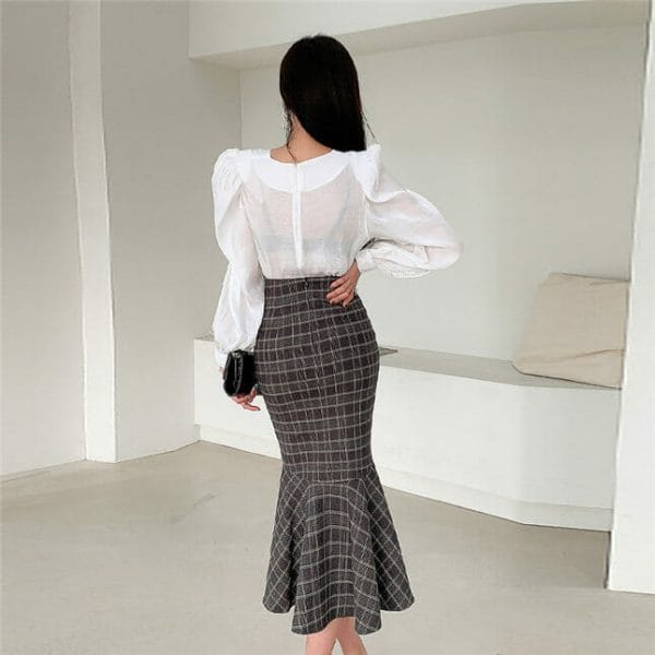 Vogue New Pleated Puff Sleeve Blouse with Fishtail Plaids Skirt 5