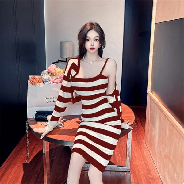 4 Colors Stripes Knitting Tops with Straps Dress 3