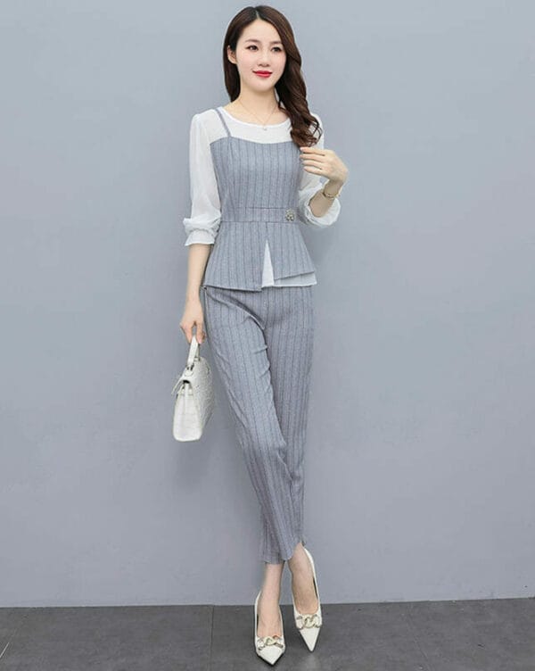 Fashion Chiffon Sleeve Splicing Stripes Long Suits 3