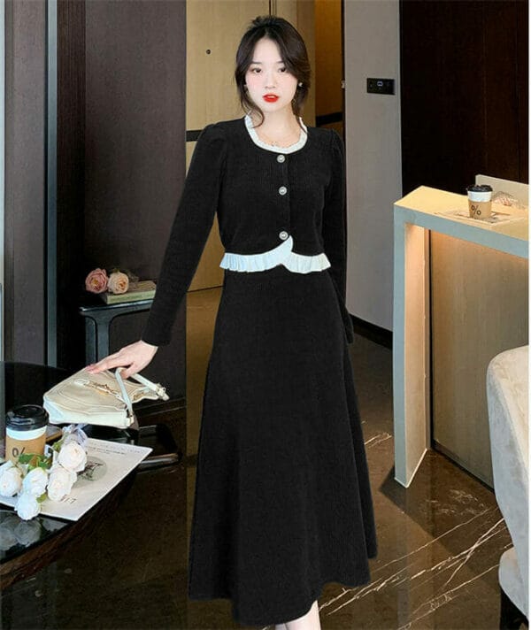 Korea Flouncing Round Neck Corduroy Dress Set 6