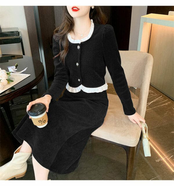 Korea Flouncing Round Neck Corduroy Dress Set 5