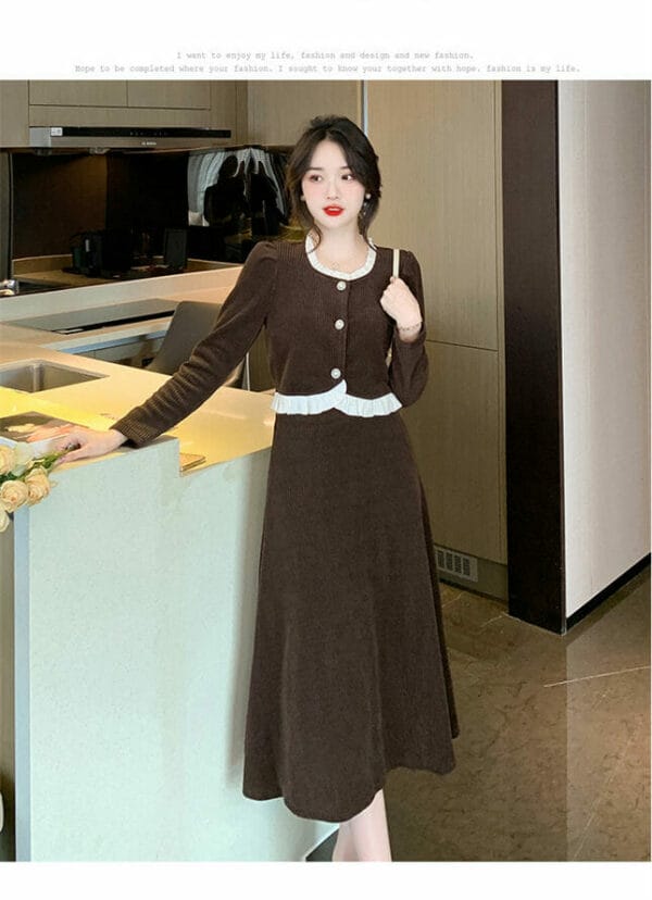 Korea Flouncing Round Neck Corduroy Dress Set 3