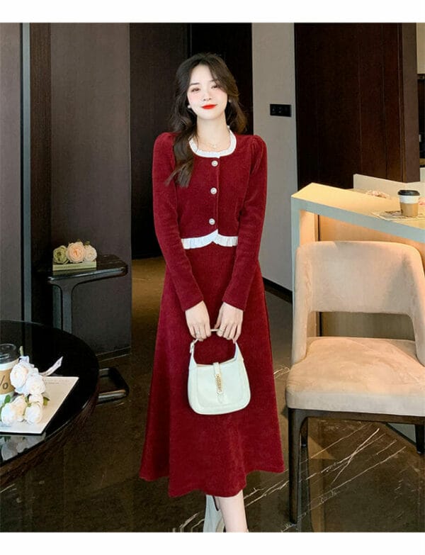 Korea Flouncing Round Neck Corduroy Dress Set 2