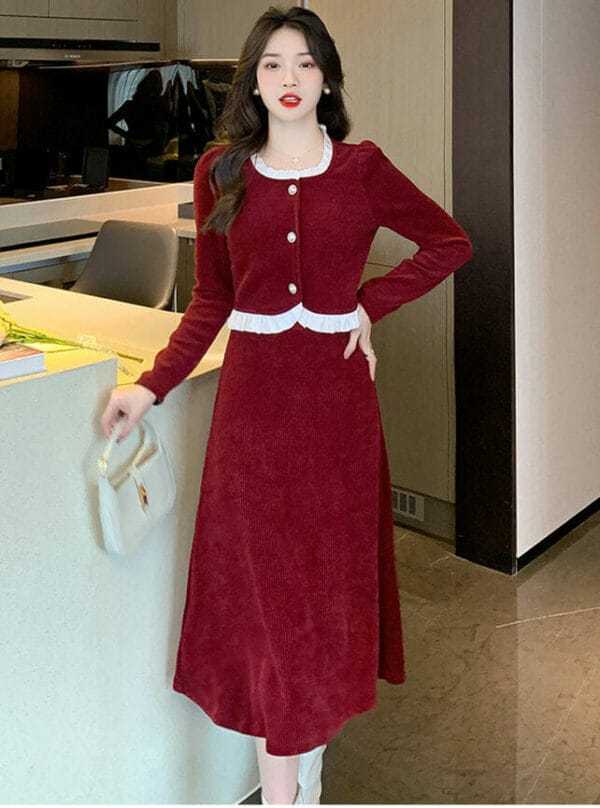 Korea Flouncing Round Neck Corduroy Dress Set 1