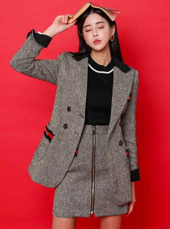Winter Fashion Tailored Collar Wool Jacket with Zipper Skirt 1
