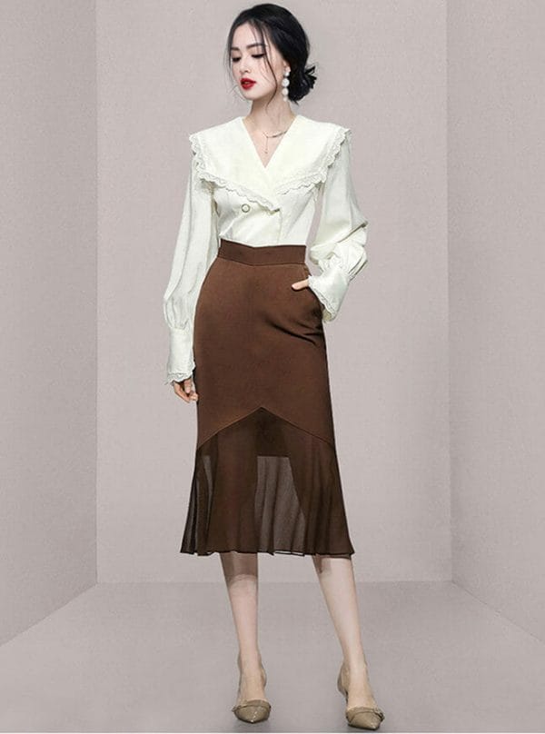 Wraps Collar Blouse with High Waist Fishtail Skirt 3